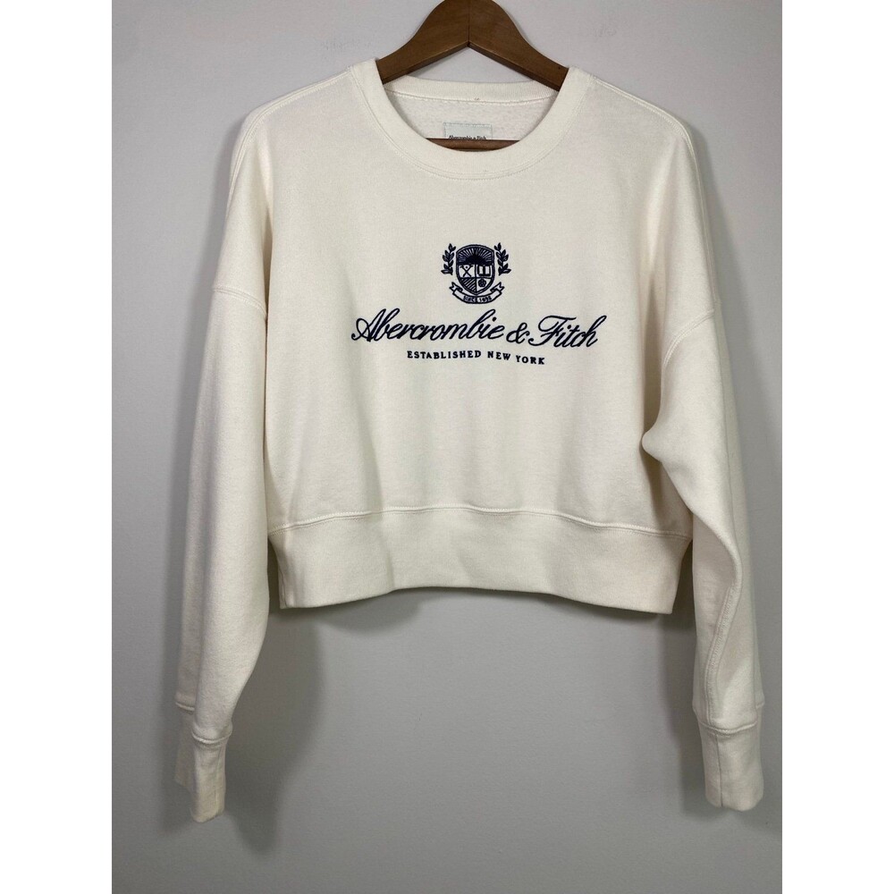Abercrombie & Fitch Embroidered Logo Cream Cropped Sweatshirt - Small